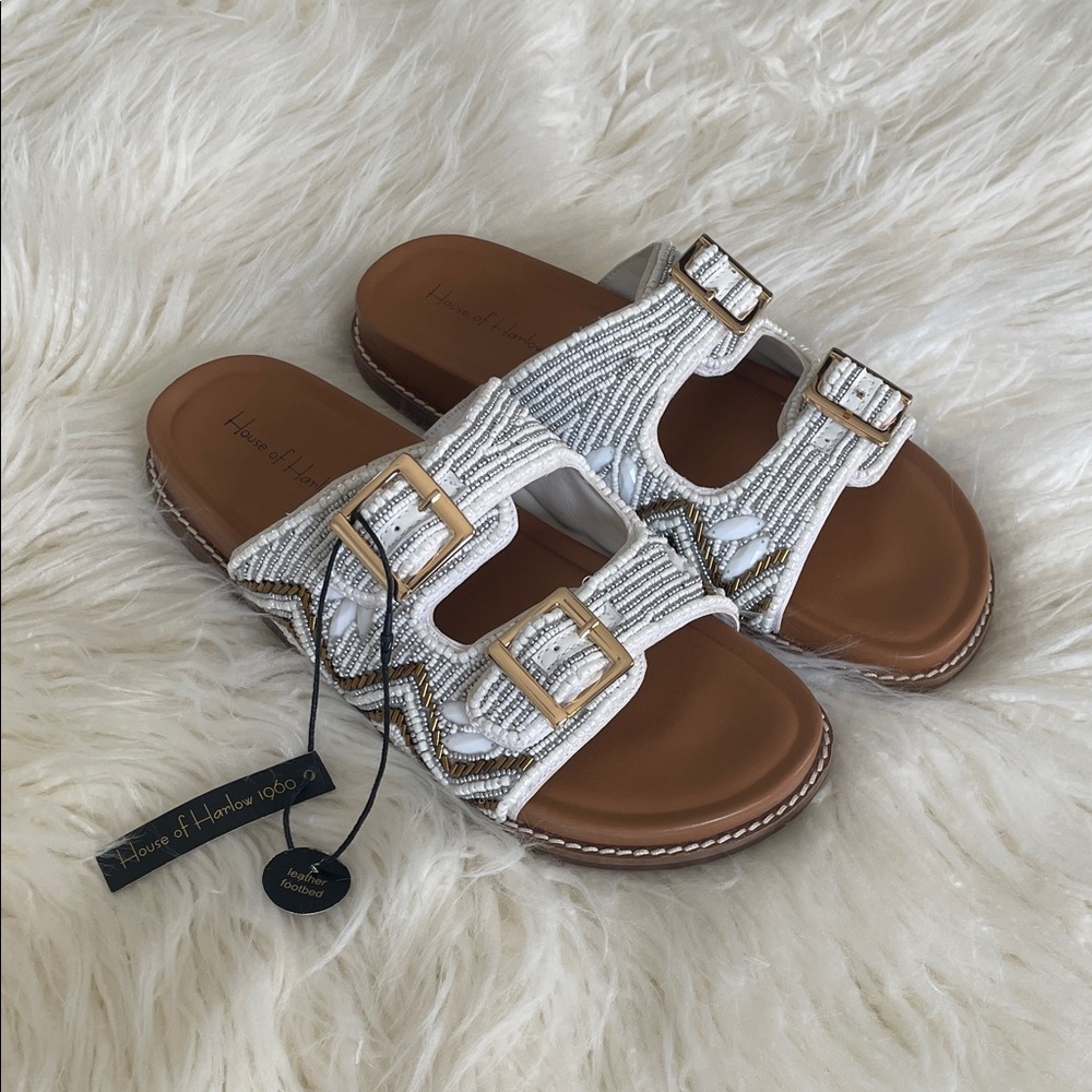 + HOUSE OF HARLOW 1960 + Beaded Flat Double Buckle Sandal